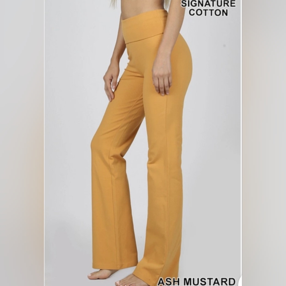 Zenana Signature Cotton Fold-Over Flare Yoga Pants – Ash Mustard